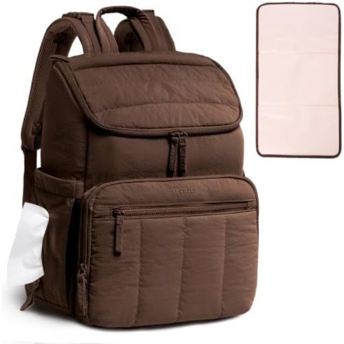 Puffy Diaper Bag Backpack for Mom, Lightweight Quilted Baby Bag with Waterproof Changing Pad, Large Travel Diaper Backpack with Insulated Bottle Pockets, Wipes Pocket, Stroller Straps