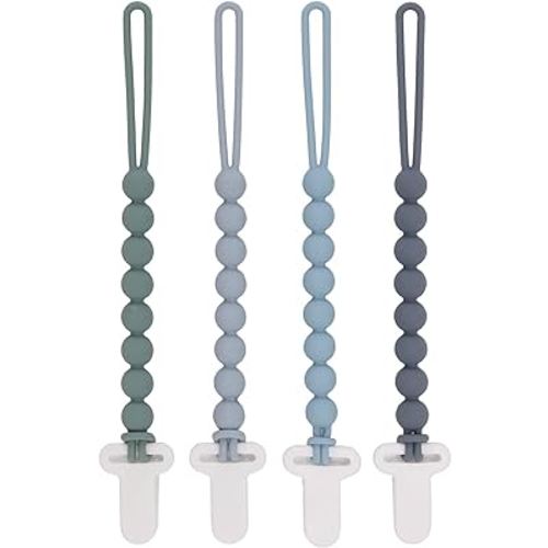 4-Pack Silicone Pacifier Clips with One-Piece Beads for Baby Boys and Girls - Flexible and Rust-Free Holders for Teething Relief and Baby Essentials, Safe for Newborns (Grey)