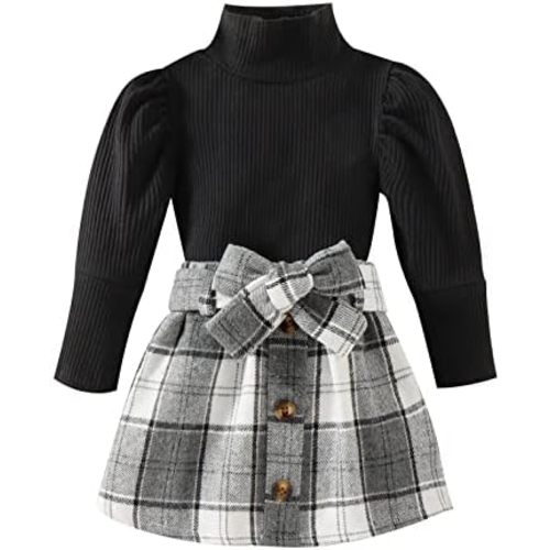 Fernvia Toddler Baby Girl Fall Winter Skirt Set Turtleneck Ribbed Long Sleeve T-Shirt Top & Plaid Skirts Dress 2Pcs Outfits