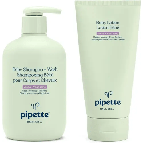 Pipette Vanilla + Ylang Ylang Baby Shampoo + Wash and Baby Lotion Duo, Clean, Tear-Free Bath Time, Sulfate-Free, Paraben-Free, Silicone-Free, Sensitive Skin, Hypoallergenic, Non-Toxic