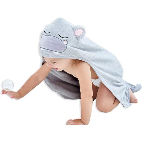 HIPHOP PANDA Hooded Towel - Rayon Made from Bamboo, Bath Towel with Bear Ears for Newborn, Babie, Toddler, Infant - Absorbent Large Baby Towel - Hippo, 30 x 30 Inch