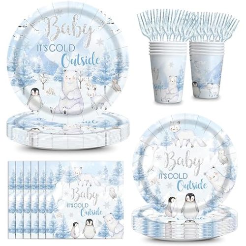 120pcs Winter Woodland Baby Shower Decorations Arctic Animals Plates Napkins Baby It's Cold Outside Cup Snowflake Penguin Arctic Fox Tableware Set Disposable Forks for 24 Guests