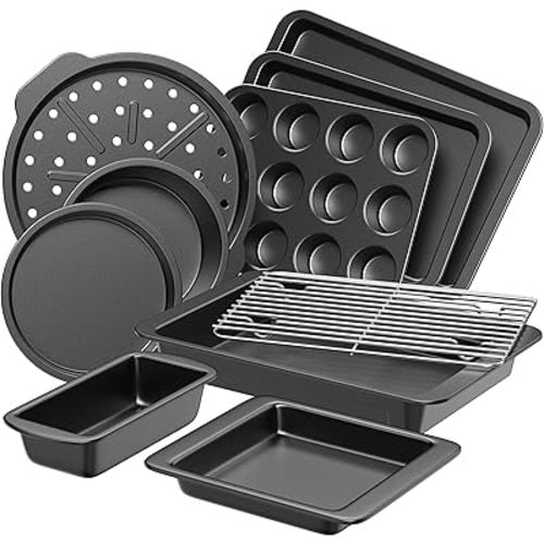 HONGBAKE Bakeware Sets, Baking Pans Set, Nonstick Oven Pan for Kitchen with Wider Grips, 10 Pieces Including Rack, Cookie Sheet, Cake Pans, Loaf Pan, Muffin Pan, Pizza Pan - Grey