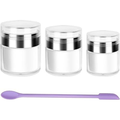 3 Pack Airless Pump Jars Refillable Pump Botttles Travel Size for Cream, Gels and Lotion with Silicone Spatula 0.5oz 1oz 1.7oz