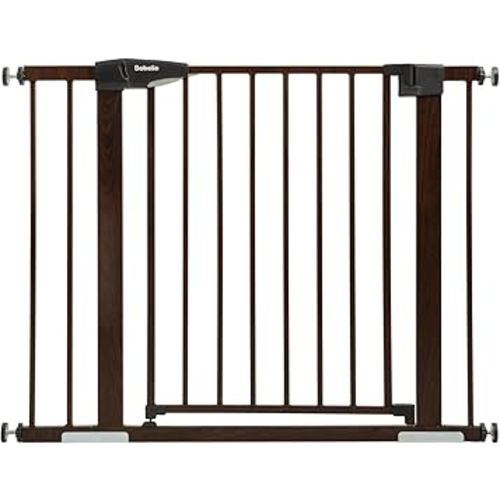 BABELIO 29-40" Metal Baby Gate with Black Wood Pattern, Auto Close Dog Gate for The House、Stairs and Doorways, Pressure Mounted Pet Gate with Door, with Wall Protectors and Extenders