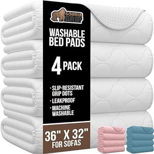 GORILLA GRIP Washable Underpads, Waterproof Reusable Heavy Absorbency Incontinence Bed Pads, Leak Proof Toddler Mattress Pad, 36x32 4 Pack, Slip Resistant for Bedwetting, Adults and Kids, White