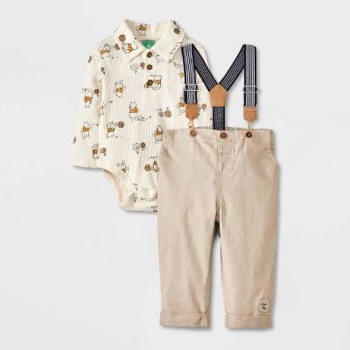 Baby Boys' Disney Winnie The Pooh Long Sleeve Bodysuit And Pants Bottom Suspender Set - Beige Newborn