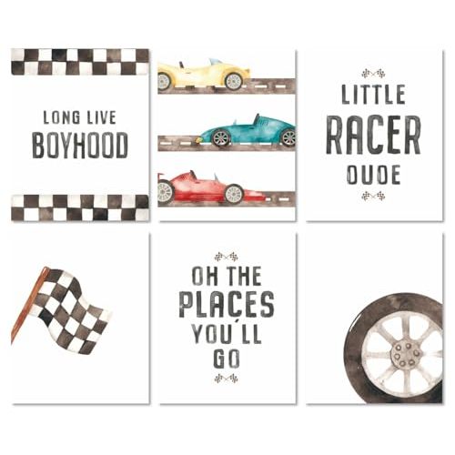 MINI ZOZI Race Car Room Decor Wall Art 8x10 6PCS Boy Nursery Posters Toddler Bedroom Cars Themed Pictures Decoration Kids Boys Car Wheels Long Live Boyhood Racecar