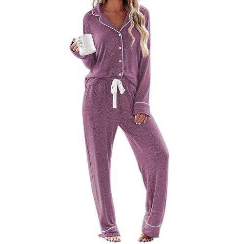 Ekouaer Women's Pajamas Long Sleeve Sleepwear Casual Button Down Loungewear Soft Pjs Set S-XXL
