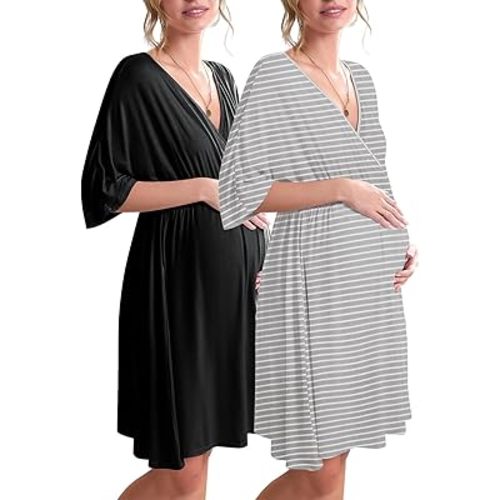 Ekouaer 3 in 1 Labor/Delivery/Hospital Gown 2 Pack Maternity Dress Nursing Nightgown Sleepwear