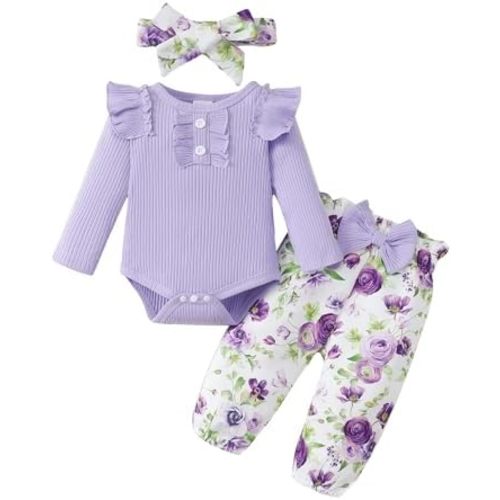 SUNNY PIGGY Baby Girl Clothes Infant Newborn Outfits Ruffle Short Sleeve Romper Tops Floral Pants Set With Headband