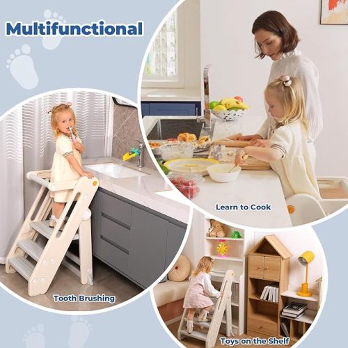 Onasti Toddler Tower Kitchen Stool Helper - Foldable & Adjustable Height Kids Learning Stool for Kitchen Counter Bathroom Sink Child Ladder for Toddlers with Handles, Safty Rail, Non-Slip-Grey White - with safety rail