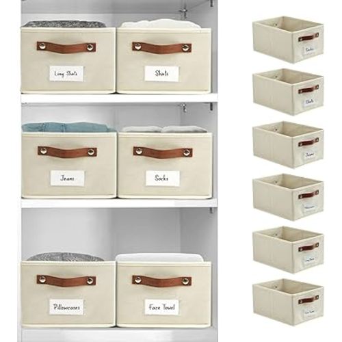 DECOMOMO Closet Storage Bins | Storage Baskets for Shelves with Label Holder Linen Closet Organizer for Shelves Clothes Nursery Kids Toys (Set of 6 - Beige)