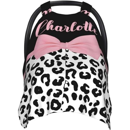 Pink Bow with Leopard Print Custom Name Baby Car Seat Cover – Personalized Nursing Cover for Breastfeeding, Stroller Canopy, Privacy Infant Carseat Canopy, Soft Breathable Newborn Blanket for Girls
