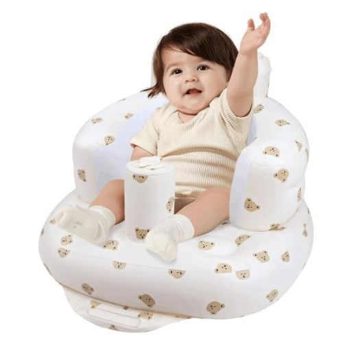 Inflatable Baby Seat for Babies 3 Months and Up, Toddler Floor Seats for Sitting Up, Built in Air Pump Baby Seats for Kids, Blow Up Baby Chair with Back Support - Cute Bear