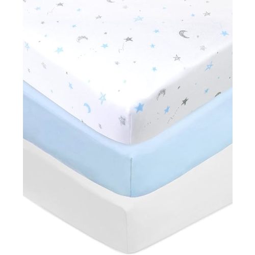 American Baby Company 3 Pack Fitted Crib Sheets 28" x 52", Soft Breathable Neutral 100% Cotton Jersey Sheet, Blue Stars/Blue/White, for Boys and Girls, Fits Crib and Toddler Bed mattresses