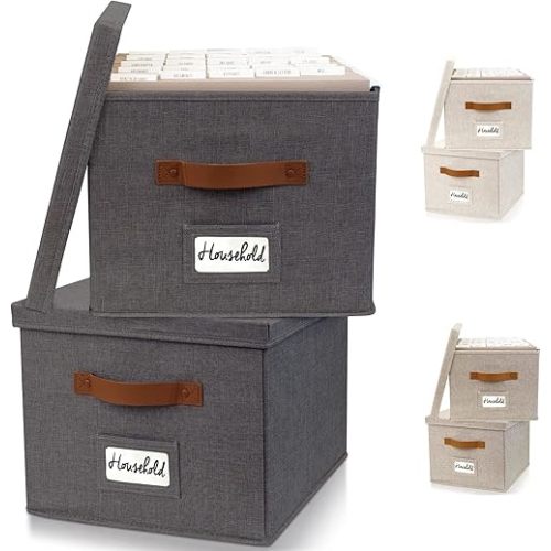 ZICOTO Decorative File Organizer Box Set of 2 - Collapsible Linen Filing Cabinets w/Handles Are Perfect to Store all Your Documents & Hanging File Folders - Portable Easy Slide File Crates with Lid