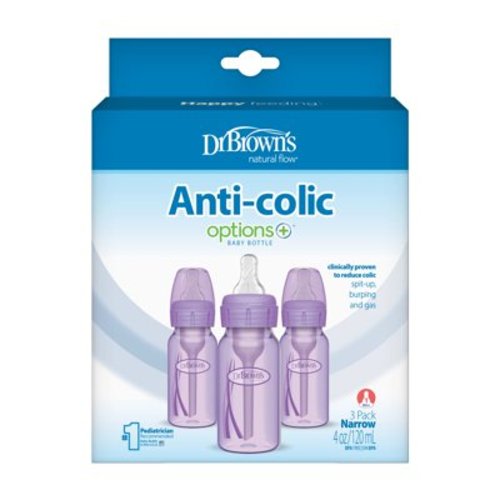 Dr. Brown's Natural Flow Anti-Colic Options+ Narrow Baby Bottle, Purple, 4oz, Slow Flow, 0m+, 3 Pack