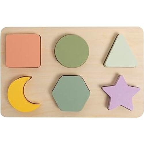 Pearhead Wooden Shapes Puzzle, Early Developmental Montessori Colors and Shapes Toy, Interactive Learning Games for Baby and Toddler, 6 Shapes Included, FSC Certified