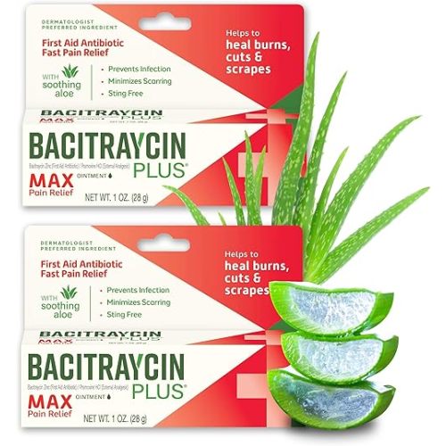 Max Strength First Aid Antibiotic Wound Healing + Pain and Itch Relief Ointment for Minor Cuts, Scrapes and Burns, with Bacitracin Zinc and Moisturizing Aloe Vera, 1 oz, 2 Pack