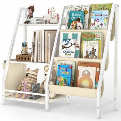 SUGIFT Kids Bookshelf, Toy Storage Organizer with Side Pockets & 3 Layer Sling Bookcase for Playroom Kids Bedroom Nursery, White