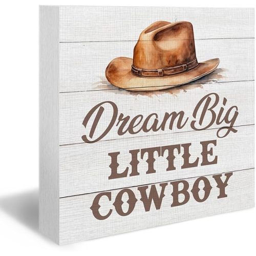 Western Cowboy Wood Box Sign, Dream Big Little Cowboy, Brown Wooden Block Plaque Box Sign, 5x5 Inches, Tabletop Decor