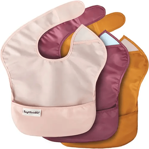 Tiny Twinkle Mess Proof Baby Bibs for Eating - Waterproof, Wipeable Bibs - Toddler Bibs - Travel Friendly - PFAS, PVC, BPA, Phthalate Free - Baby Food Bibs (3 Pack,Blush, Burgundy)
