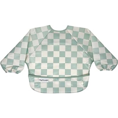 Tiny Twinkle Mess Proof Baby Bib, Cute Full Sleeve Bib Outfit, Waterproof Bibs for Toddlers, Machine Washable, Tug Proof, Baby Smock for Eating, Long Sleeved (Checkers Sage, Small 6-24 Months)