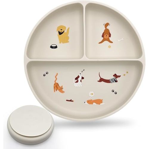 Silicone Suction Plates with Dividers - Grip Plates for Babies 6-12 Months and Toddlers 1-3, Toddler and Baby Dishes, Baby Led Weaning Essentials, Dishwasher Safe (Beige - Dogs and Cats)