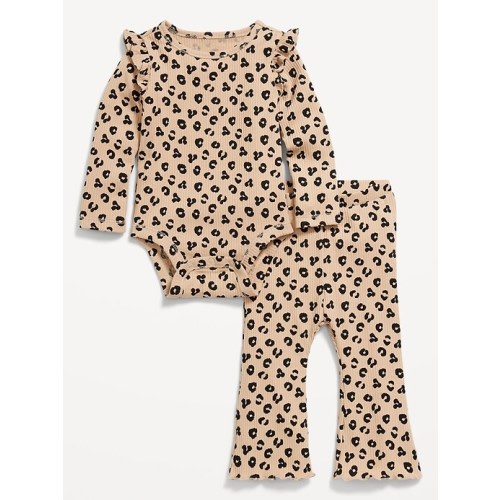 Printed Ribbed Ruffle-Trim Bodysuit and Pants Set for Baby