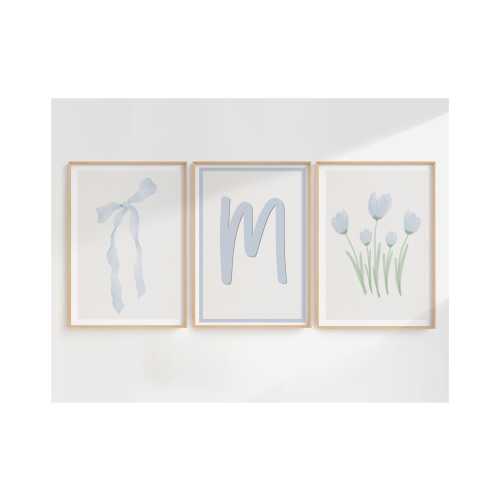 Set of 3 Customized Light Blue Bow Watercolor Wall Art | Girl Room Wall Decor | Teen Bedroom Wall Art | Aesthetic Kids Bedroom Printable Art