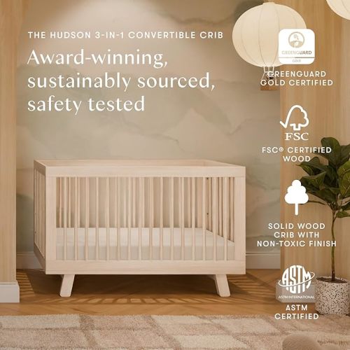 Babyletto Hudson 3-in-1 Convertible Baby Crib - GREENGUARD Gold Certified - Convertible Crib to Toddler Bed and Daybed - Baby Bed with 4 Adjustable Heights - Wooden Crib - Washed Natural | GREENGUARD Gold Certified Wooden Crib