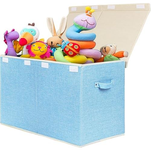 Large Toy Box Chest with Lid, Collapsible Sturdy Toy Bin Storage Organizer Boxes Baskets for Kids, Boys, Girls, Nursery, Playroom, 25"x13" x16" (Linen Blue)