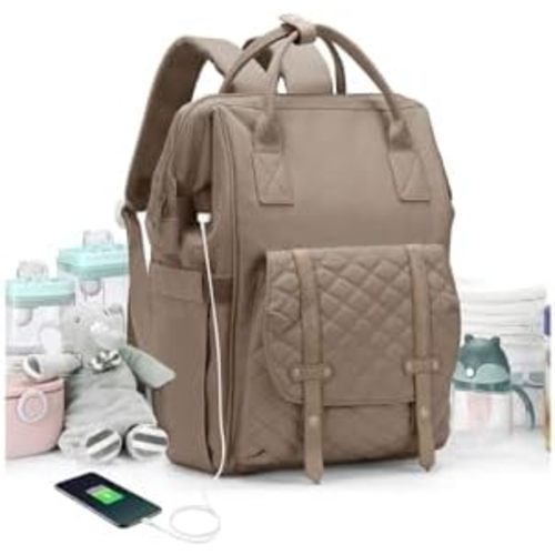 Diaper Bags Backpack Baby Bag for Mom Dad Baby Girls Boy, Cute Mult Diaper Nappy Bag Travel Back Pack, Water Repellent Maternity Changing Bag Baby Stuff with USB Charging Port Khaki