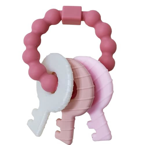 Baby Keys Teether,Silicone Teething Keys Toy for Babies,Infants Toddler Sensory Chew Toys,Silicone Teething Toy for Infants-Soft & Raised Texture to Soothe Gums,BPA Free (Pink)