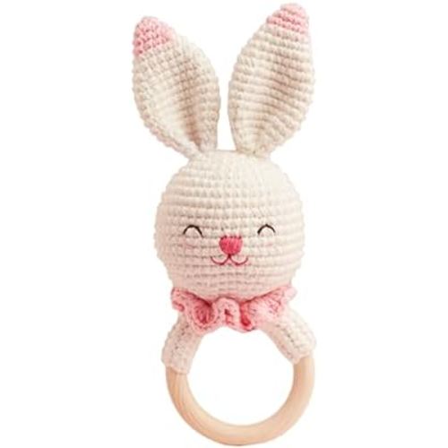 Chippi & Co Wooden Crochet Baby Rattle, Crochet Baby Toys Stuffed Animals Easter Gifts for Kids, Newborn Toys, Easter Basket Stuffers, Basket Filler, Cute Bunny Decor (Olive The Cheerful Bunny)