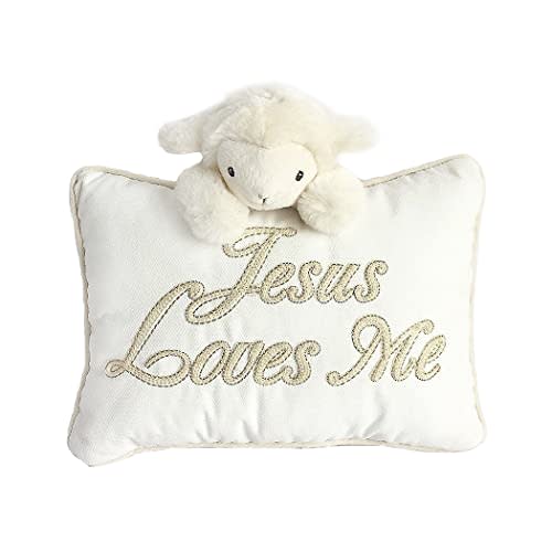Mon Ami "Jesus Loves Me" Lamb Designer Plush Throw Pillow – 11x8”, Baby Christening Gift, Religious Gift, Dedication, Baptism Gift, Cute Room Décor