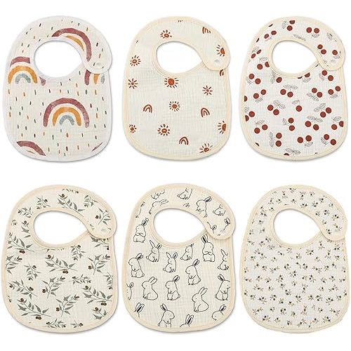 Organic Muslin Bibs, Baby Drool Bibs for Girls Boys, Soft Lap-shoulder Waterproof Snap Bibs for Teething