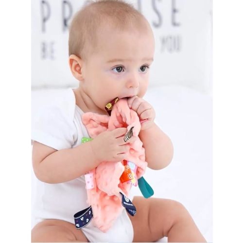 Baby Tags Security Blankets - Baby Soothing Plush Blanket with Colorful Tags, 10"x10" Square Sensory Toys, for 3 Months+ Babies Boys and Girls (Blue)