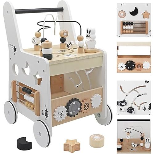 Wooden Baby Walker Activity Cubes,Baby Push Walker Toy for Toddler, 5in1 Montessori Learning&Educational Toys for 1+ Year Old Boy Girl | Sorting&Stacking Toys | Bead Mazes and Counting Toys