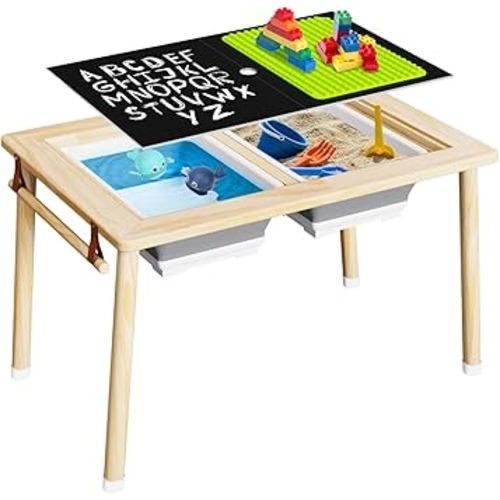 Wattne Sensory Table for Toddlers 1-5, Kids Activity Table Toddler Sensory Table with Paper Roll Holder,Lid & 2 Storage Bin, Wooden Sensory Table for Indoor Outdoor Use
