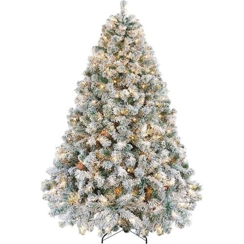 Yaheetech 6ft Pre-lit Artificial Christmas Tree with Incandescent Warm White Lights, Snow Flocked Full Prelighted Xmas Tree W/820 Branch Tips, 250 Incandescent Lights & Foldable Stand, Green & White