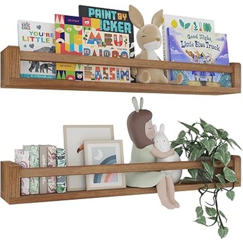 Heimlove 32 Inch Nursery Floating Shelves, Nursery Book Shelves for Wall, Wall Bookshelf for Kids Solid Wood Wall Mounted Shelves for Books,Toys and Decor Storage, Set of 2