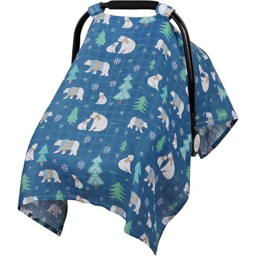 Muslin Carseat Covers Baby,Rquite Car Seat Cover Baby, Lightweight Infant Carseat Canopy, Soft Breathable Baby Carrier Cover for Boys and Girls,Fit Summer Hot Days/Warm Weather (Polar Bear)
