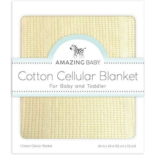 Amazing Baby Cellular Blanket, Premium Cotton, Ultra Soft, Breathable, Cozy Gift for Baby Boys and Girls, Favorite Toddler Blanket, 44 x 44 inches (112 x 112 cm), Soft Yellow