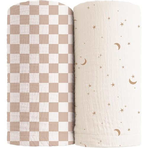 Konssy Muslin Swaddle Blankets for Girls Boys, 2 Pack Receiving Baby Blanket Large 47 x 47 inches, Soft Breathable Swaddling Wrap for Unisex Newborn (Coffee Check,Moon)