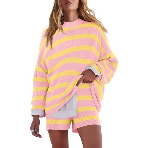 LAMISSCHE Womens Oversized Lounge Sets 2 Piece Outfits Striped Matching Pajama Set Long Sleeve Sweater Set
