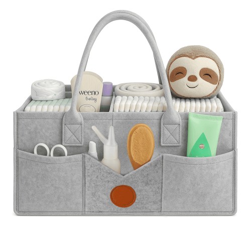 LAMSTOM Diaper Caddy Organizer - Diaper Caddy for Baby Nursery Storage, Felt Diaper Organizer for Baby Stuff with Handle, 13" x 9" x 7" Portable Baby Basket Boy Girl Changing Table Organizer (Grey)