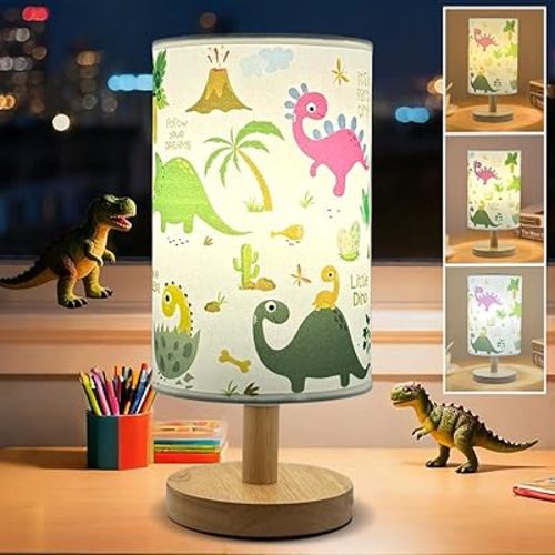 Dinosaur Table Lamp,Boys Lamps for Bedroom,3-Way Dimmable Reading Nightlight with Cartoon Pattern Printed Shade and Wood Base,Kids Room Decor, Dinosaur Lamp Gifts for Boy and Girl