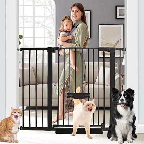 37 Inch Tall Baby Gate with Cat Door, Adjustable 29.55" and -46.06",Auto Close Pet Gate Easy Walk Thru Pet Door for Stairs, Doorway, House, Pressure Mounted Safety Child Gates